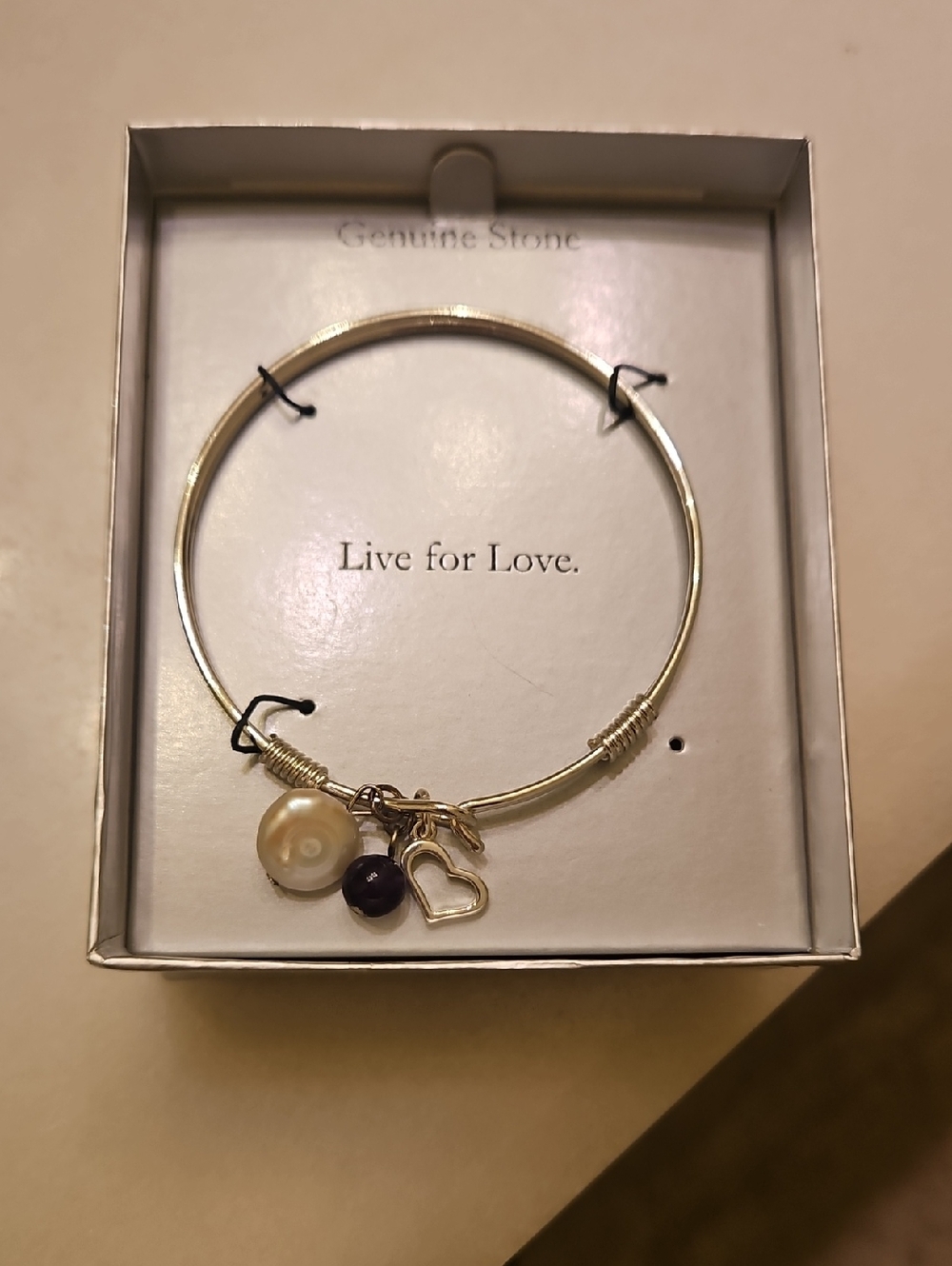 Live for Love Gold Bangle Bracelet with Pearl, Amethyst and Heart Charm
